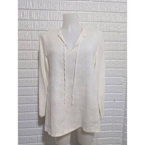 Harve Benard Women's Small Cream Linen Tie-Split Neck Tunic Top